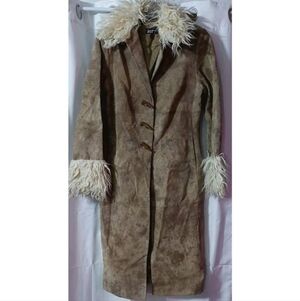 Penny Lane Maxi Coat with Leather Suede Faux Fur Trim And Embroidery